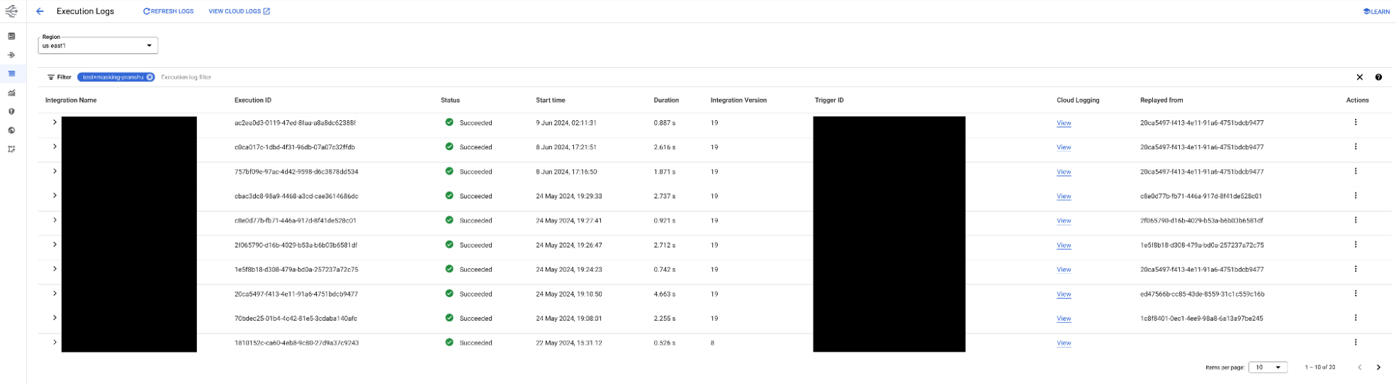 image showing the Application Integration Execution Logs page