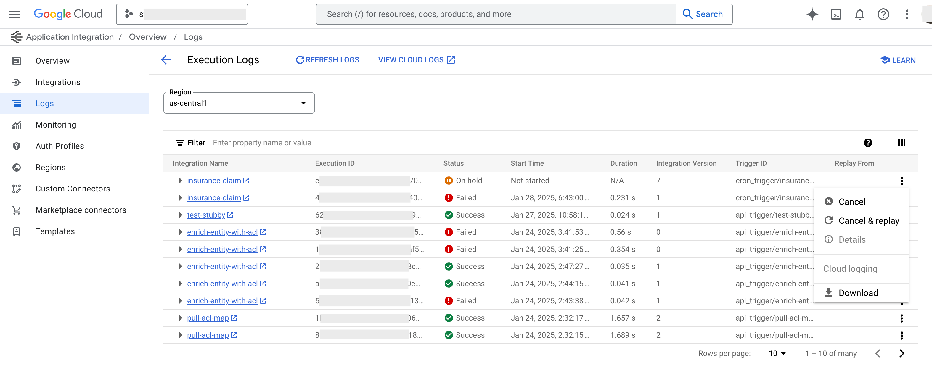 immagine che mostra la pagina Log di esecuzione di Application Integration