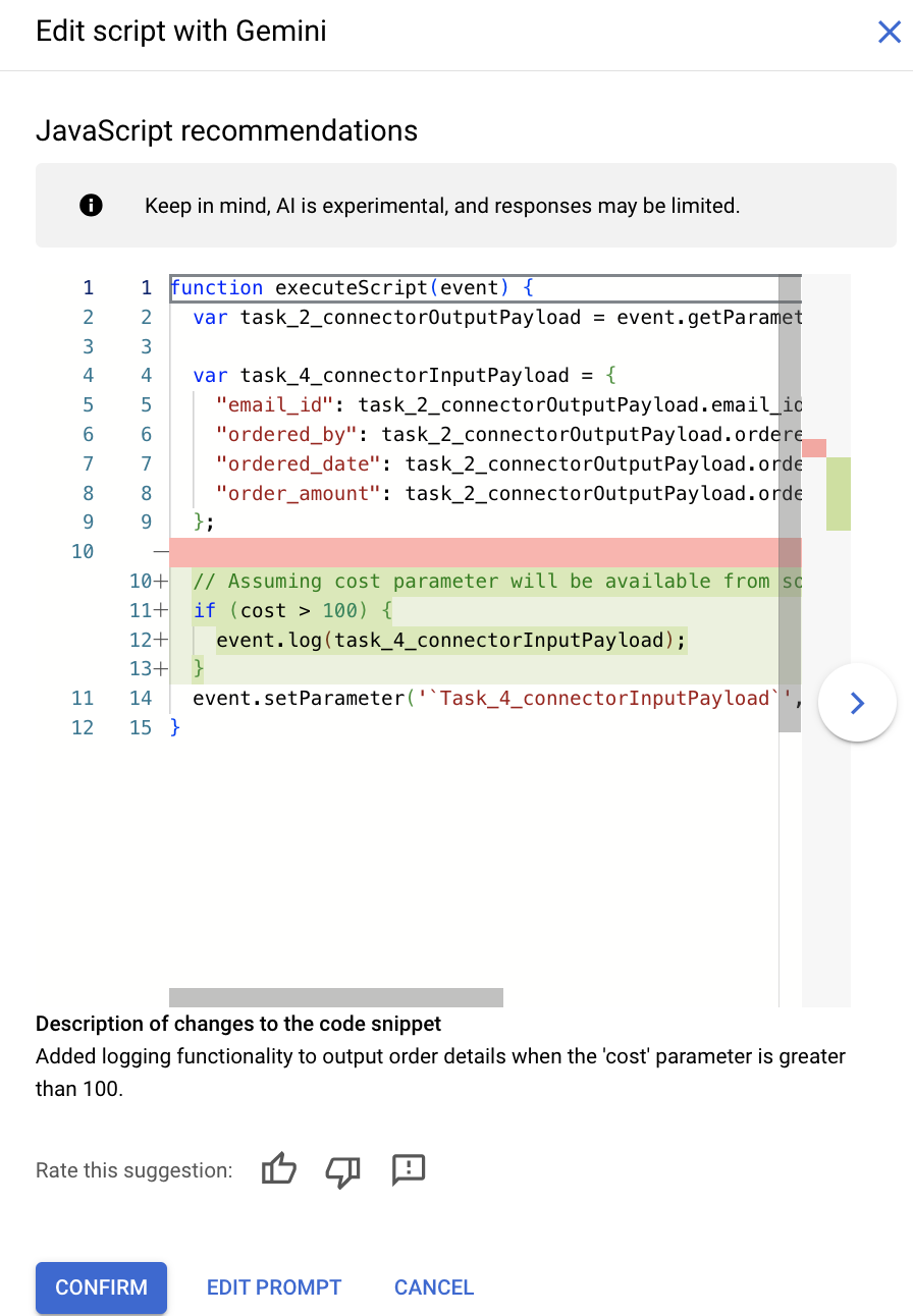 Aufforderung zum Generieren eines Scripts mit Gemini bearbeiten