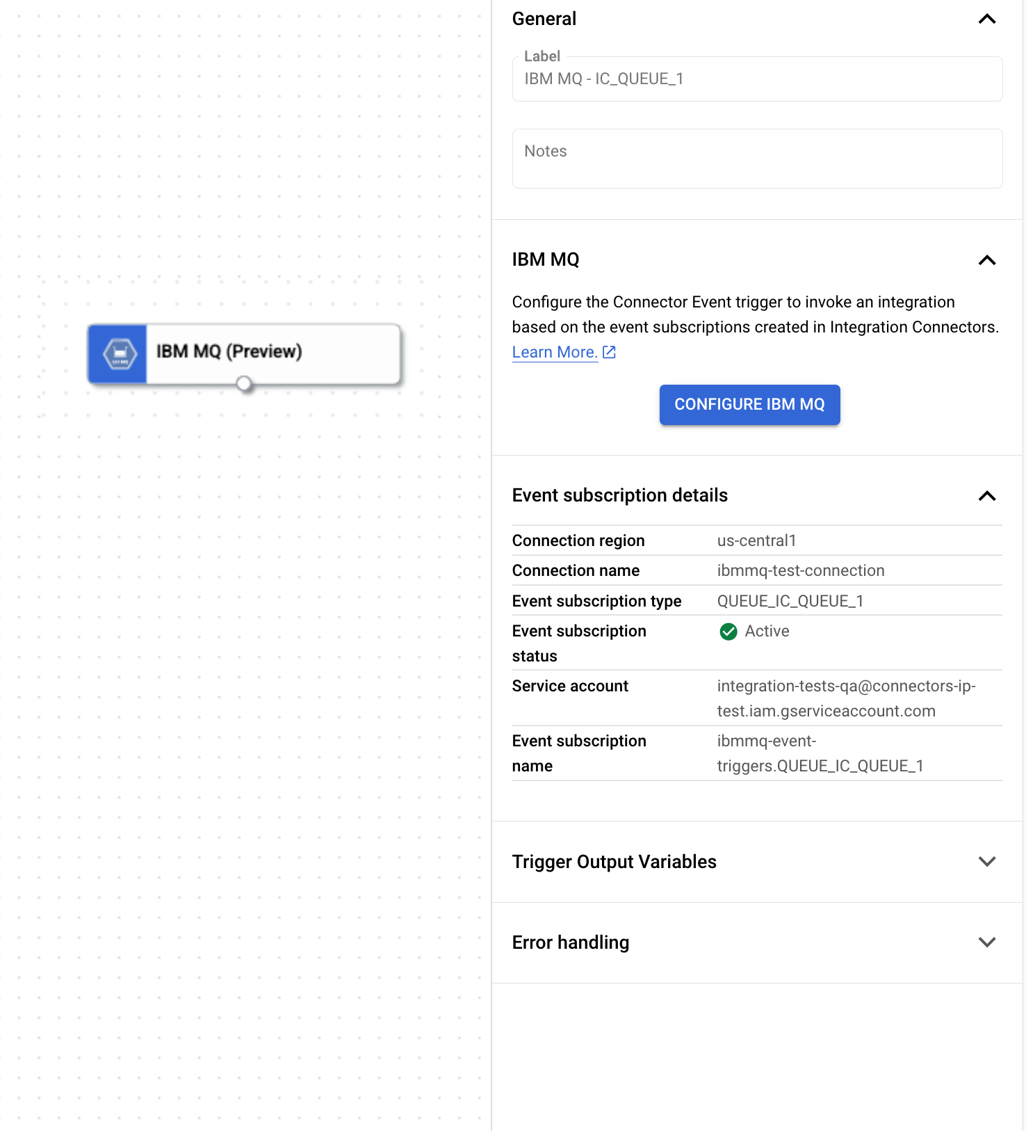 Imagen que muestra el panel de configuración del activador de IBM MQ