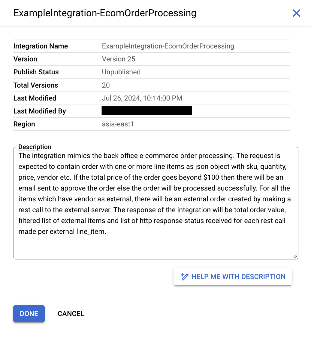 imagen que muestra el diálogo de información de integración