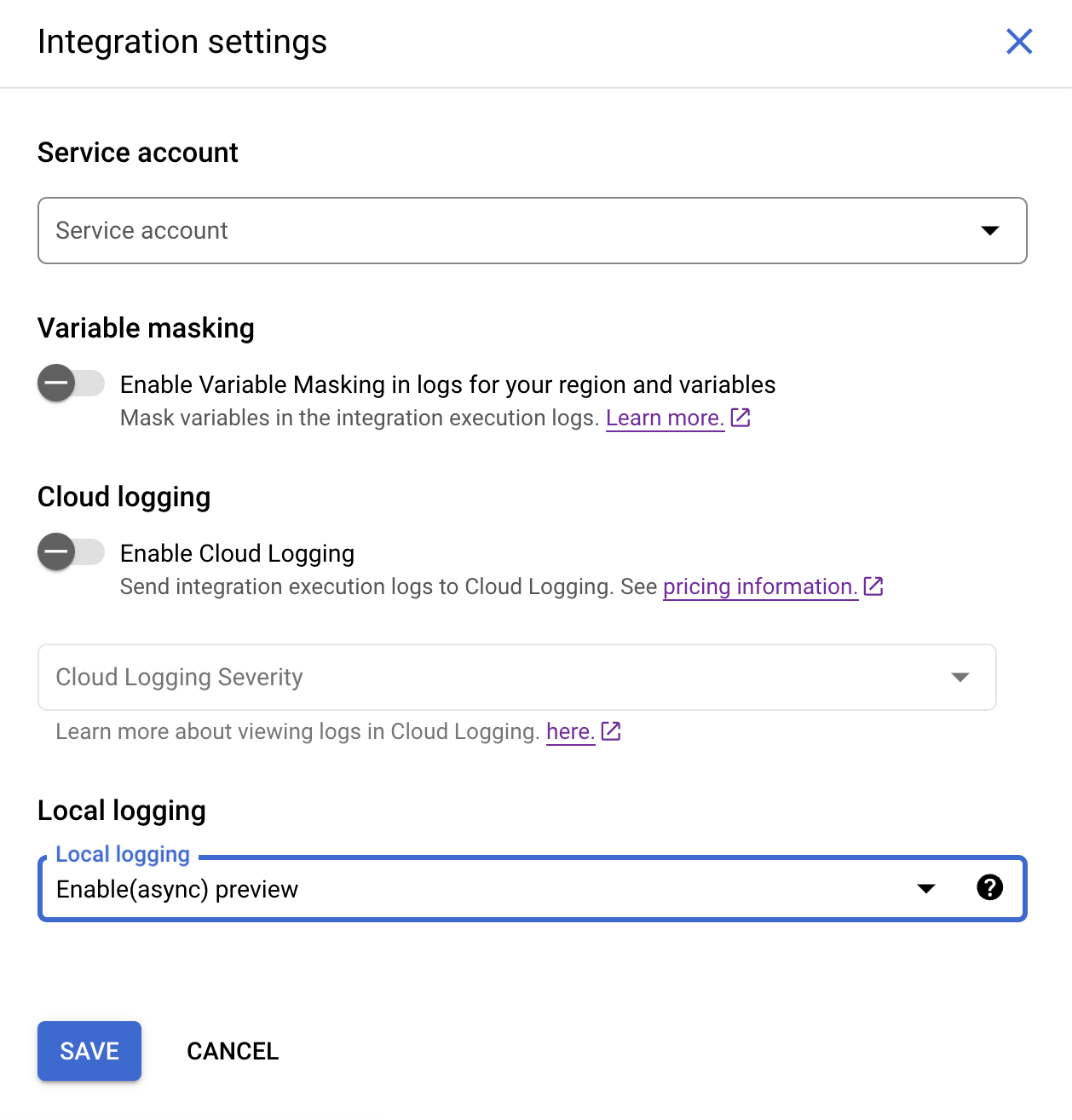 imagen que muestra el diálogo de configuración de integración