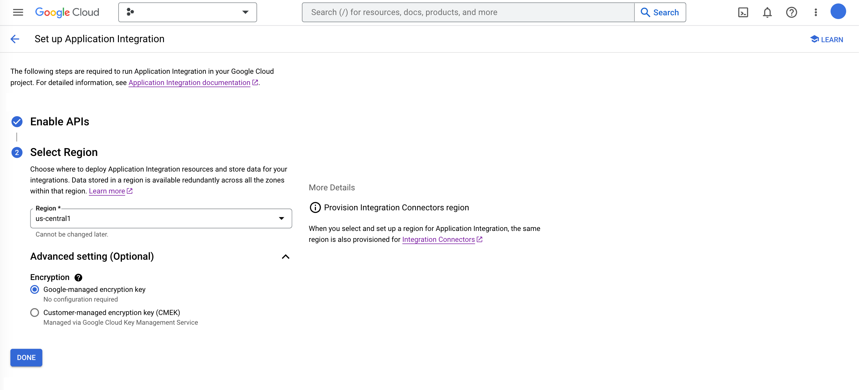 Select Region and Encryption step image