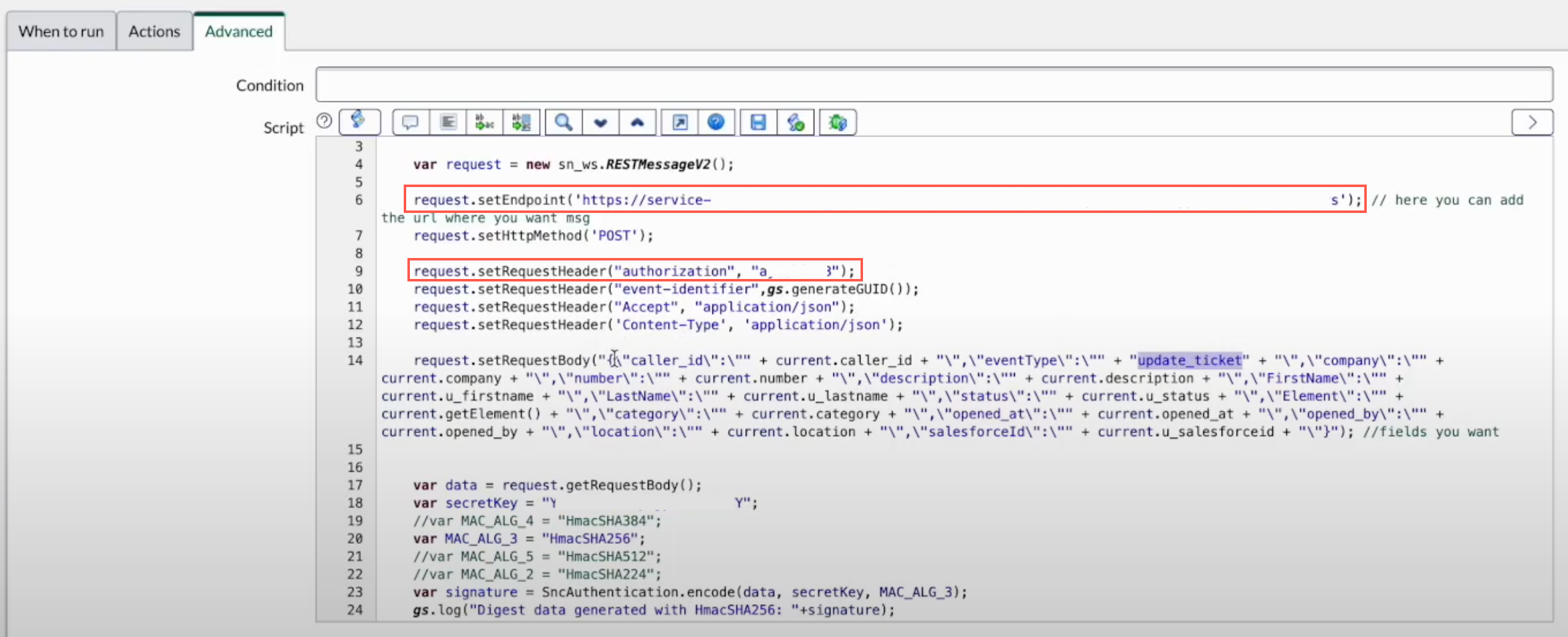 image showing sample ServiceNow business rule