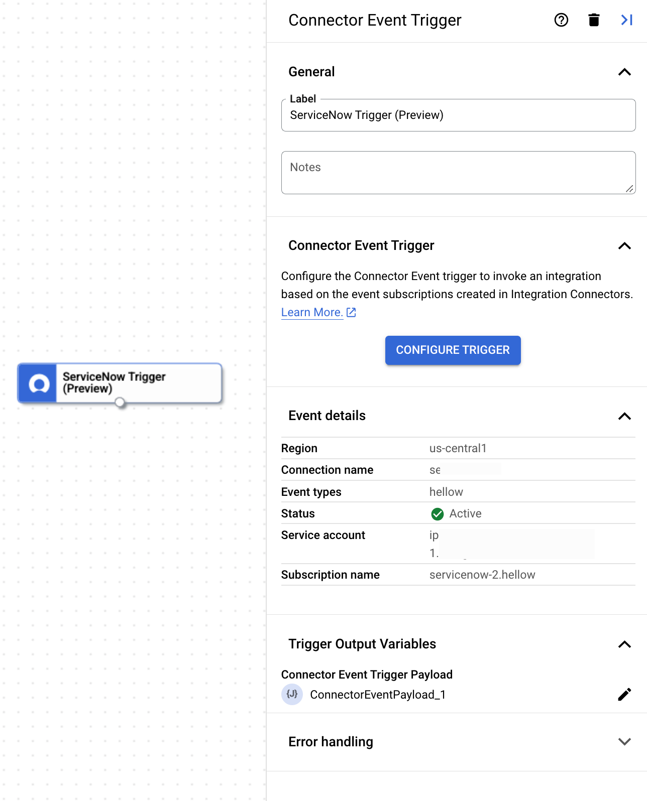 ServiceNow トリガー構成ペインを示す画像