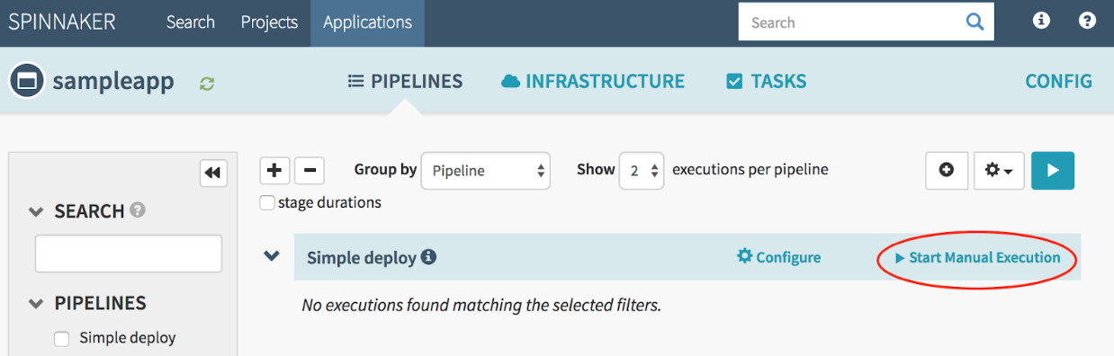 Start manual execution of simple deploy pipeline