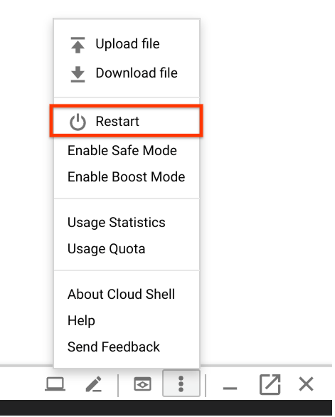 Cloud Shell restart menu option.