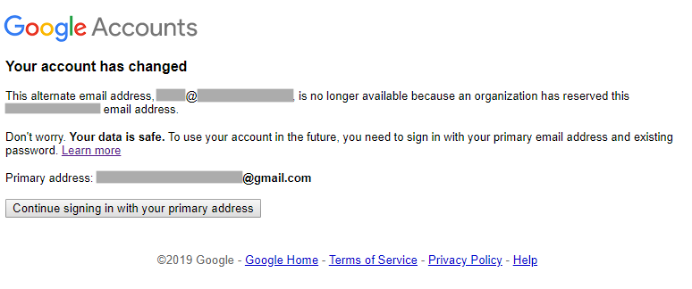 Message after signing in with corporate email address.