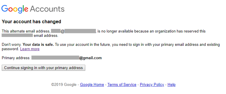 Mensaje después de iniciar sesión con la dirección de correo de empresa.