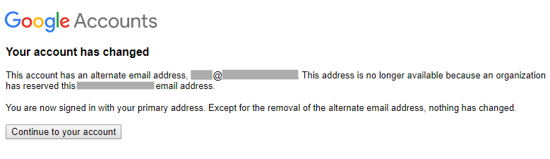会社のメールアドレスとユーザー アカウントの関連付けが解除されました。