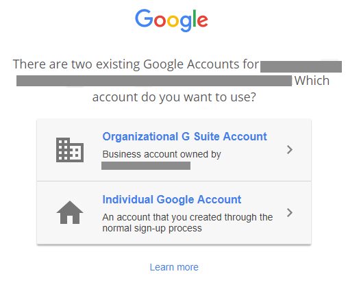 Schermata di scelta che viene visualizzata quando un utente tenta di accedere a un account in conflitto.