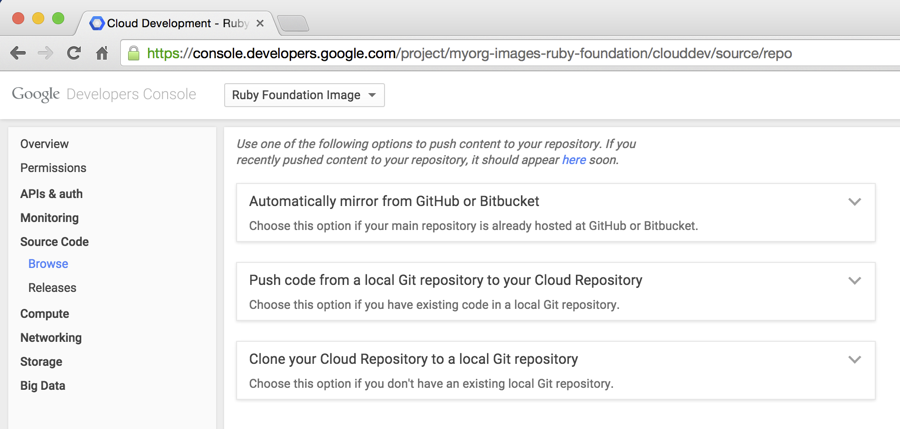 Un'immagine di schermata che mostra come sfogliare il codice sorgente con
Google Cloud Console.
