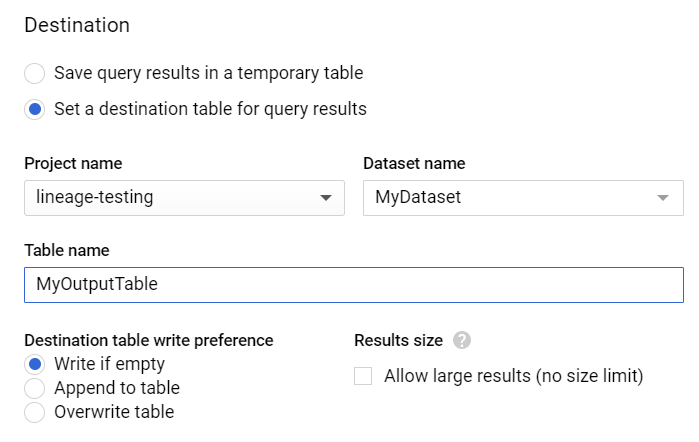 Query results destination options.
