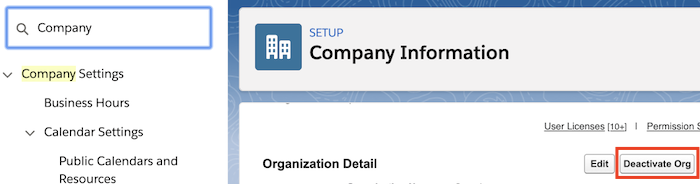 Página do Salesforce para desativar a organização.