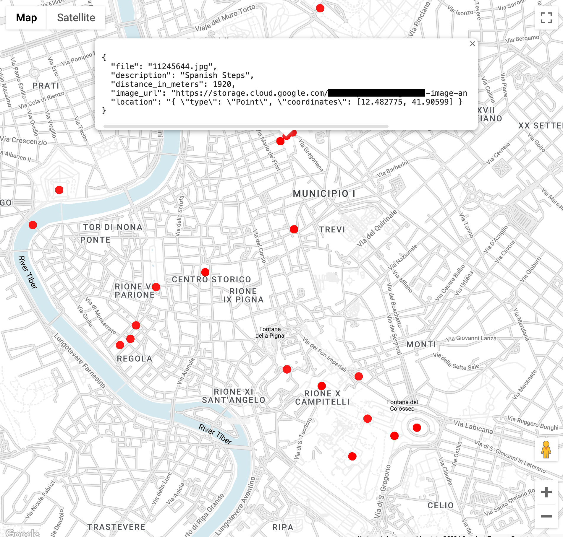 Map of locations and their distance from the Colosseum.