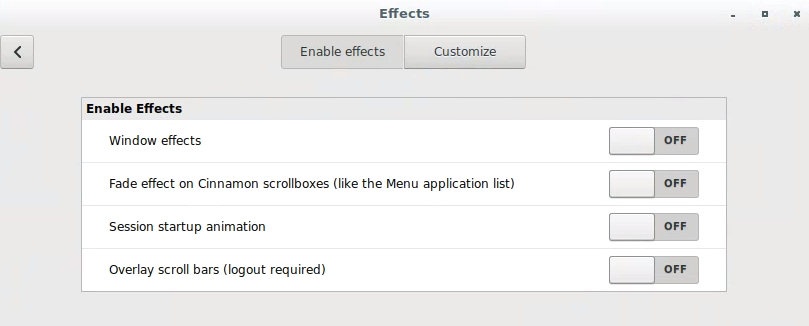 Screenshot: Animationseffekte in Cinnamon deaktivieren