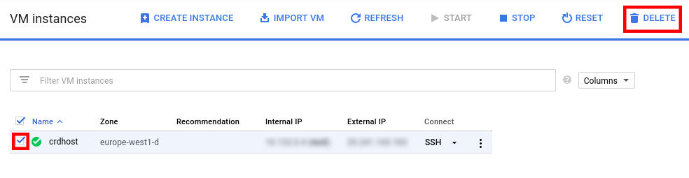 Como excluir a instância da VM.