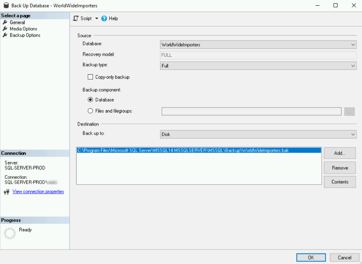 Screenshot yang menampilkan dialog Cadangkan Database.