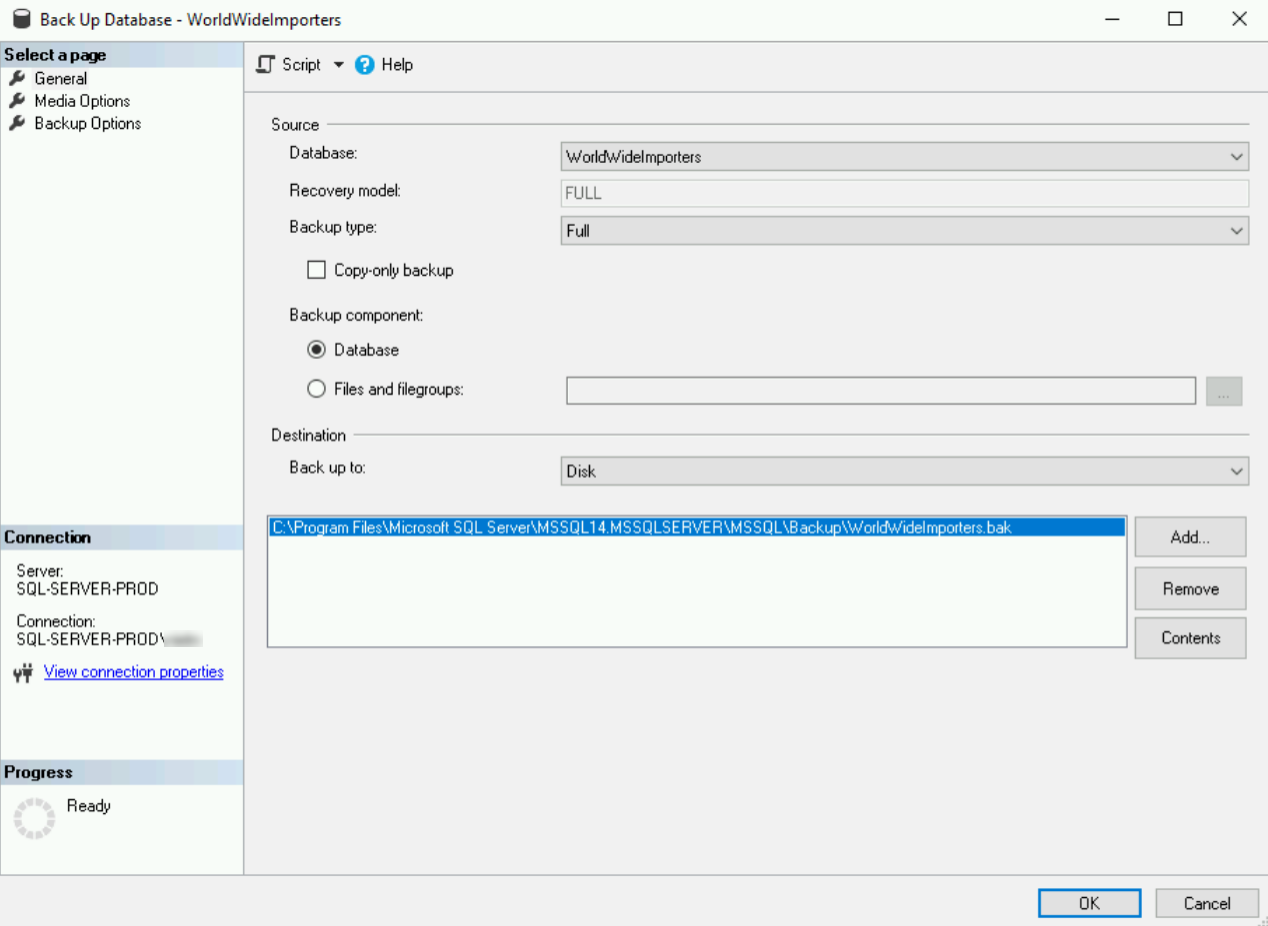 Screenshot che mostra la finestra di dialogo Backup database.