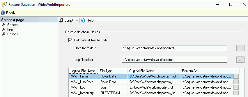 Captura de pantalla en la que se muestra el cuadro de diálogo Restaurar base de datos.