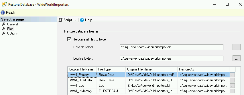 顯示「Restore Database」對話方塊的螢幕截圖。