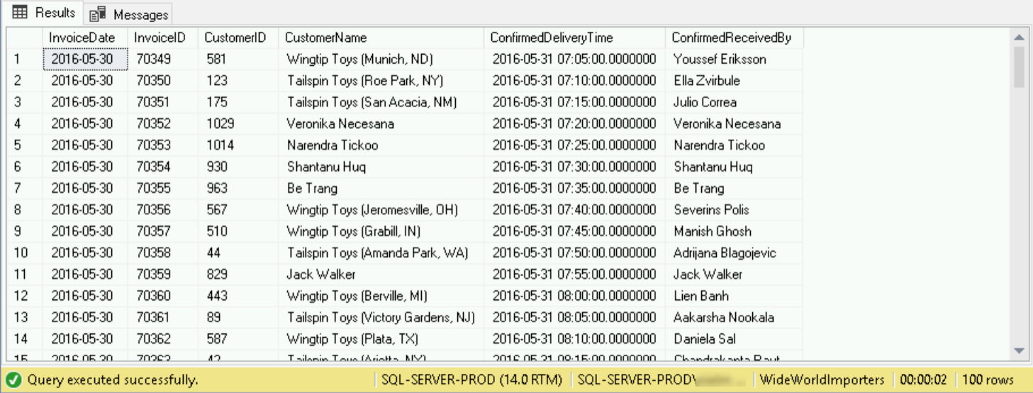 Captura de ecrã que mostra o painel de resultados de uma consulta à base de dados de amostra.