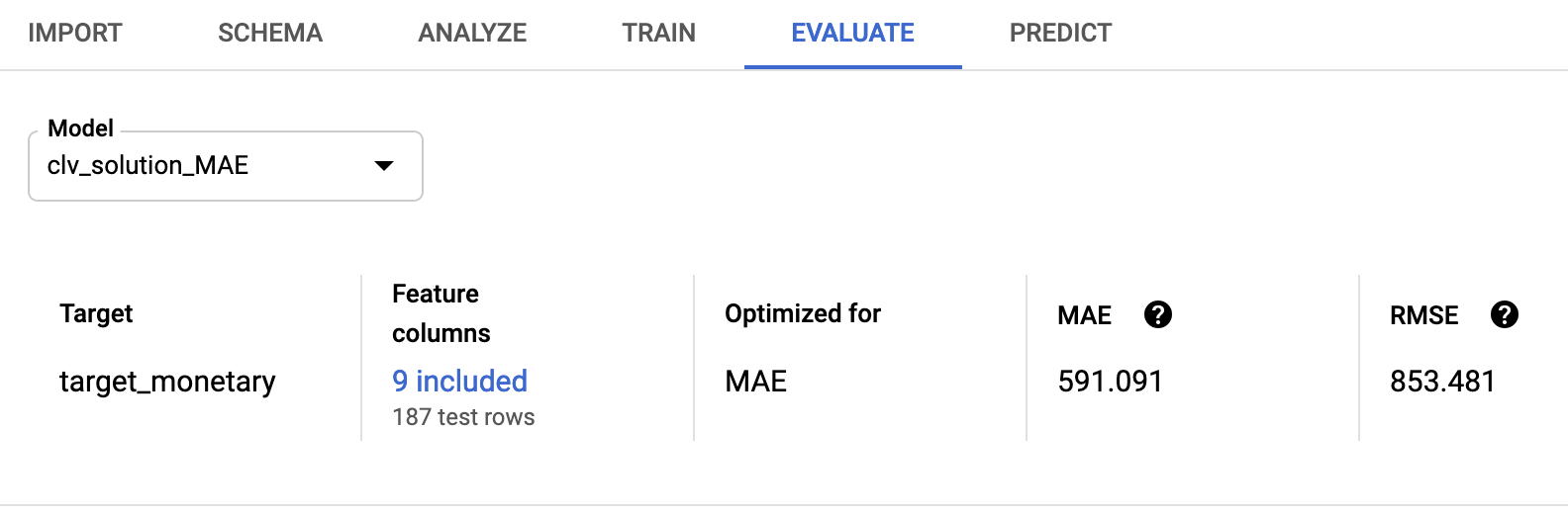 Tab "Evaluate" (Bewerten) der AutoML Tables-Konsole