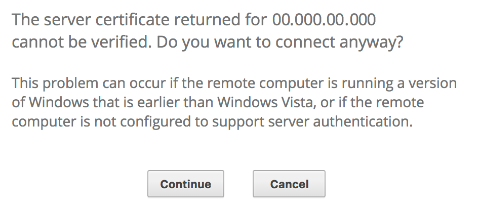 Avviso relativo al certificato di connessione di Windows.