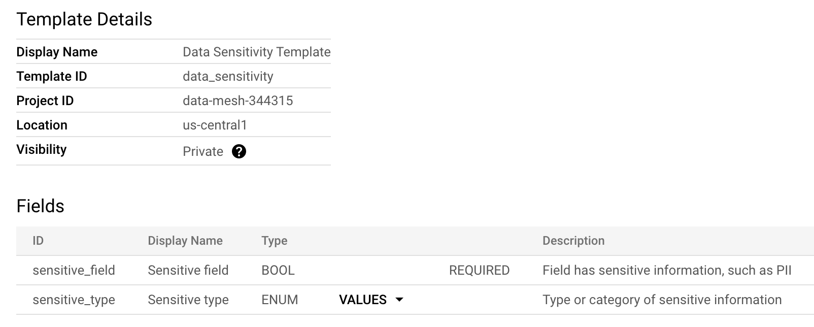 Data sensitivity tag template in Data Catalog.