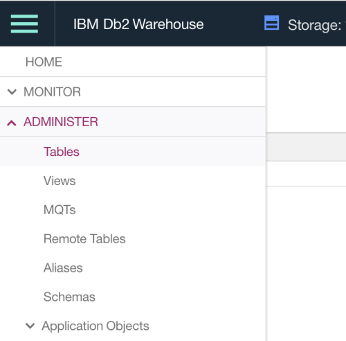 UI d&#39;administration IBM Db2 Warehouse affichant le dossier &quot;Tables&quot;