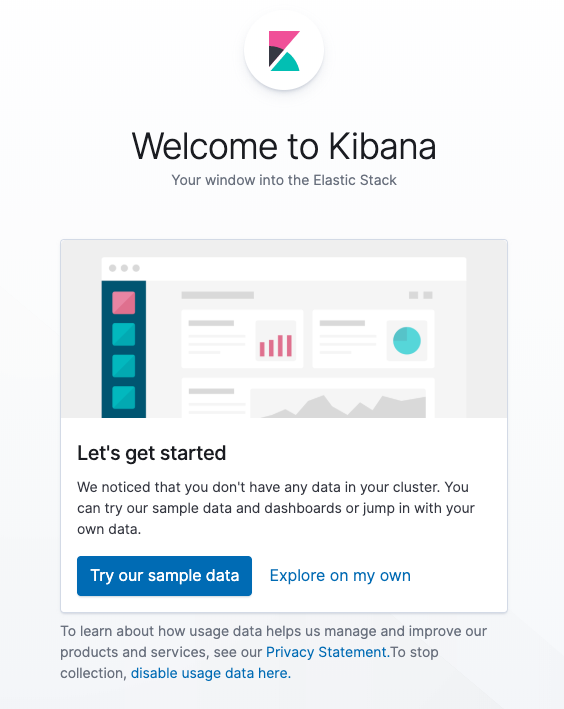 La ventana de acceso de Kibana muestra un mensaje y un botón para probar los datos de muestra.