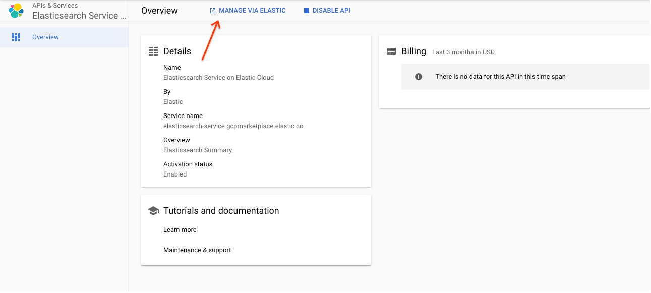 En la página Descripción general de Elastic Cloud, se muestran los detalles del servicio y las opciones de administración.