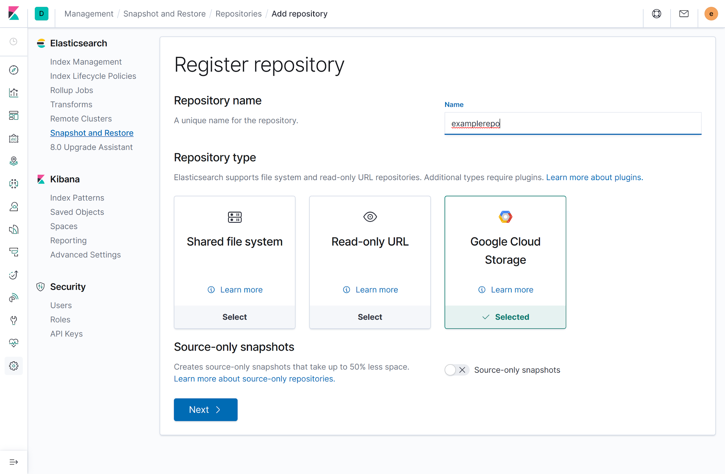 A página "Registrar repositório" mostra opções para os tipos de repositório.