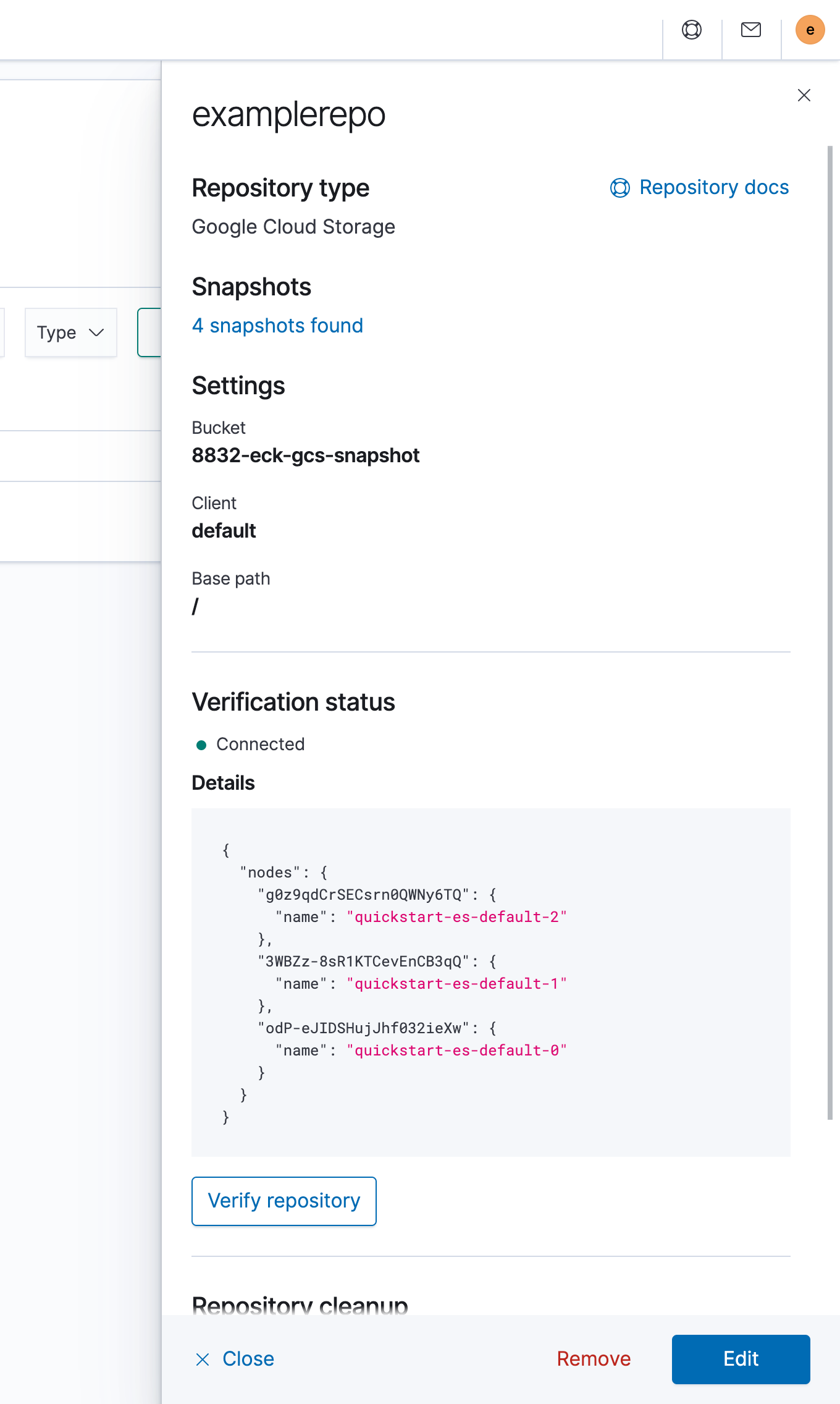 El panel de detalles del repositorio registrado incluye el nombre del repositorio, la cantidad de instantáneas y la configuración, como el nombre del bucket y del cliente.