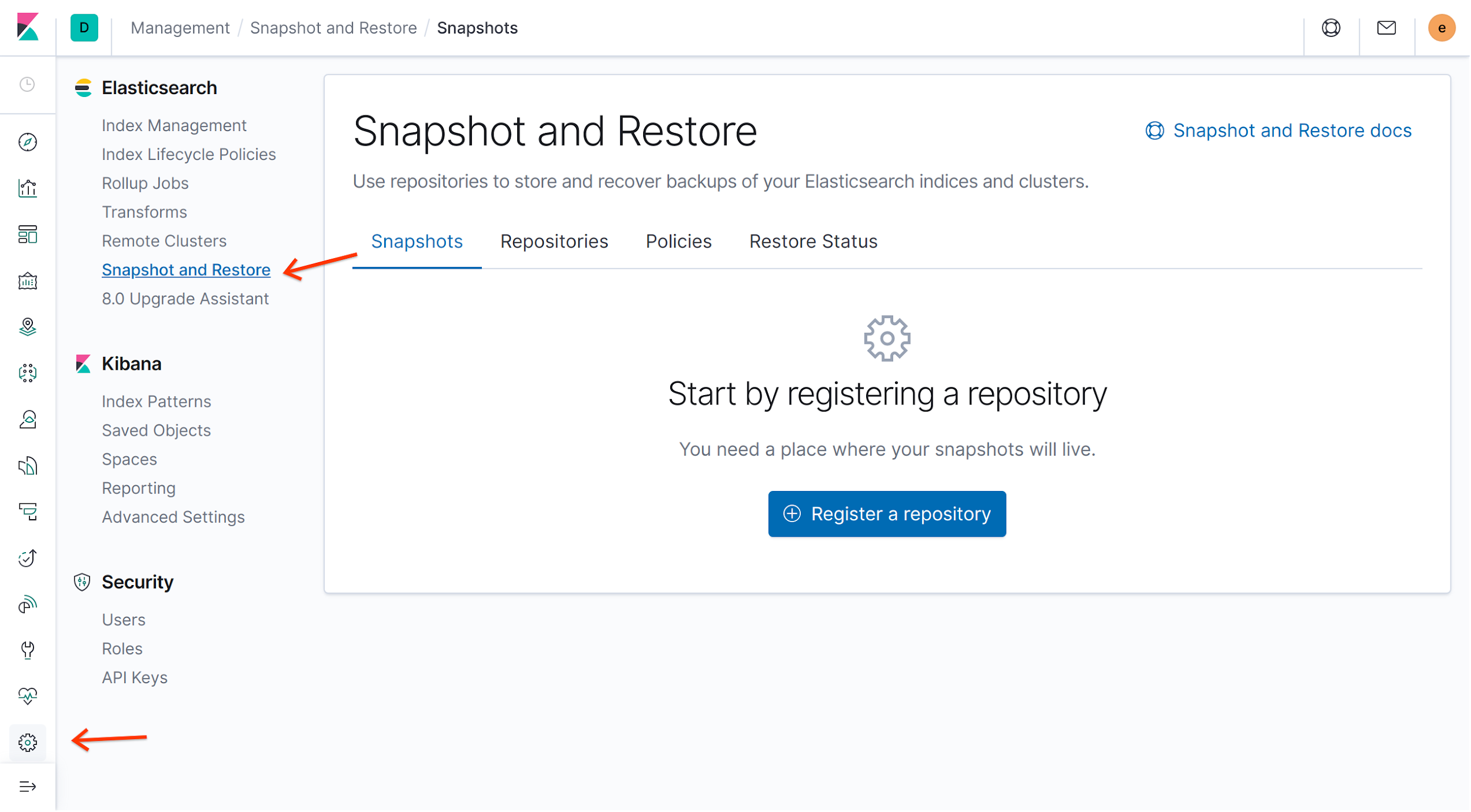 O link "Criar snapshot e Restaurar" abre uma página de registro de repositório.