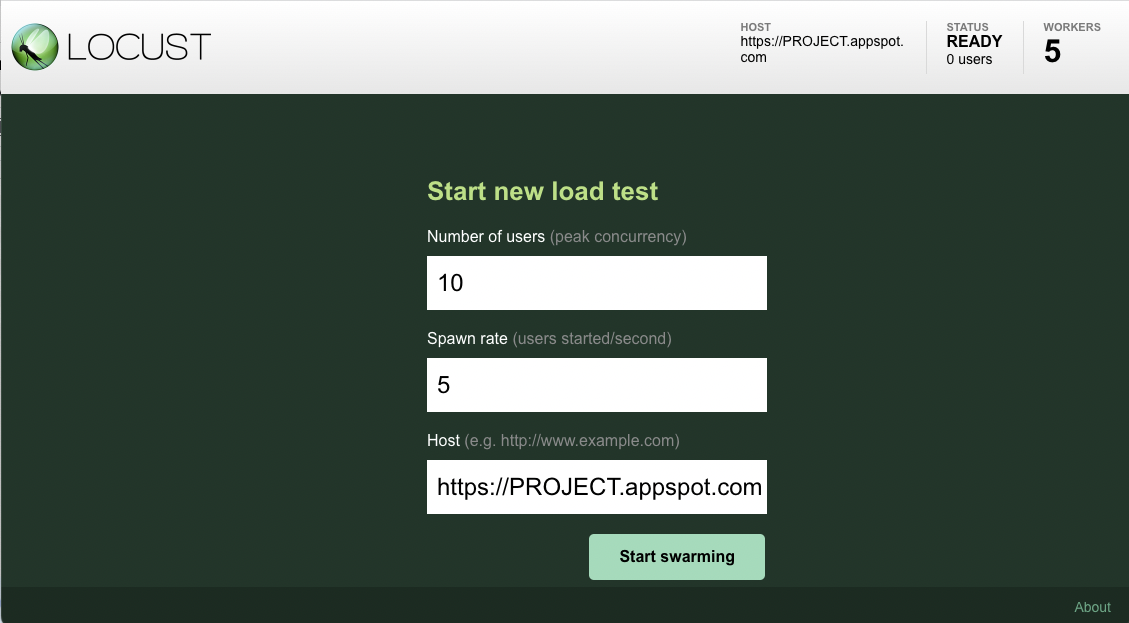 The Locust master web interface provides a dialog for starting a new
swarm and specifying Number of users and hatch rate.