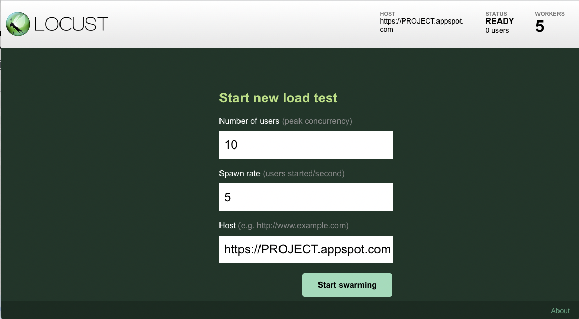 Locust 主节点网页界面提供了一个对话框，用于启动新的 swarm，并指定用户数量和填充率。