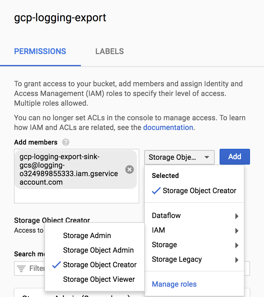 Autorisations de stratégie IAM – Storage Object Creator.