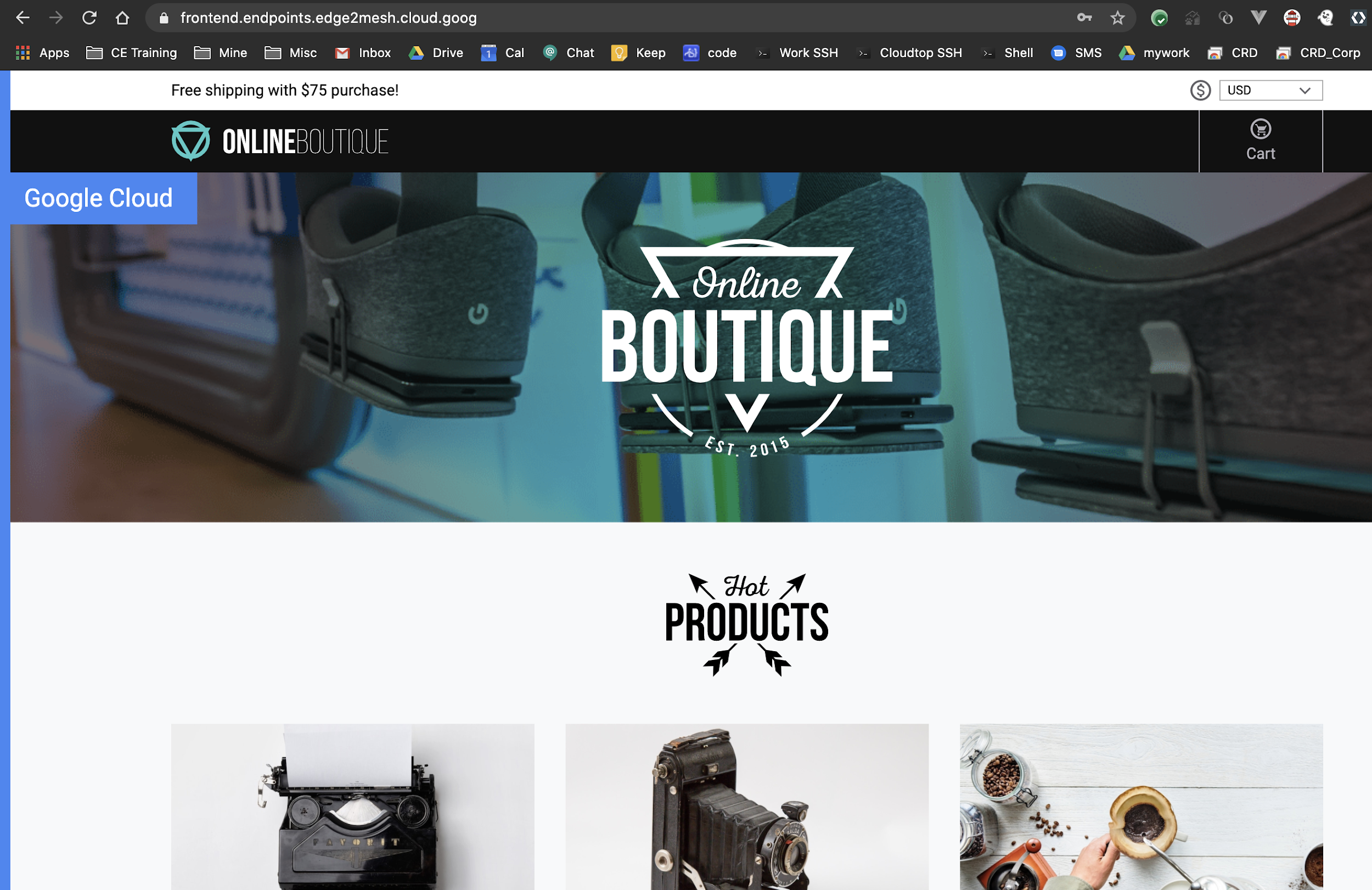 Products shown on Online Boutique home page.