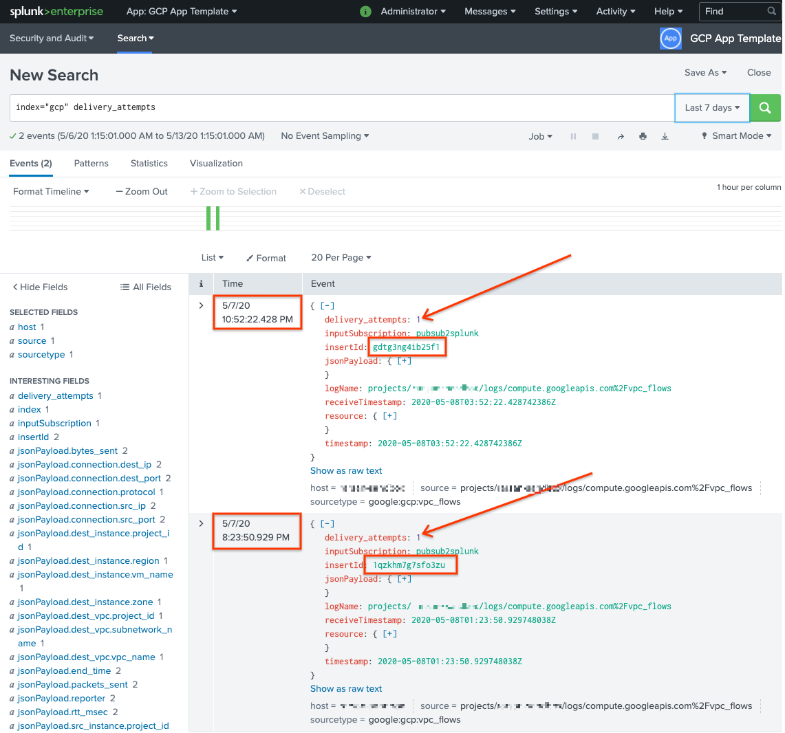 Fehlgeschlagene Nachrichten in Splunk.