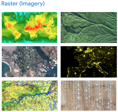 Ejemplos de imágenes de trama que muestran fotos operativas de áreas geográficas.