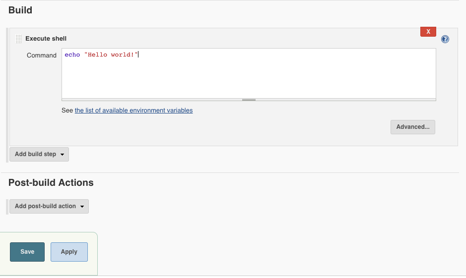 Hello World typed in the command box for Jenkins.