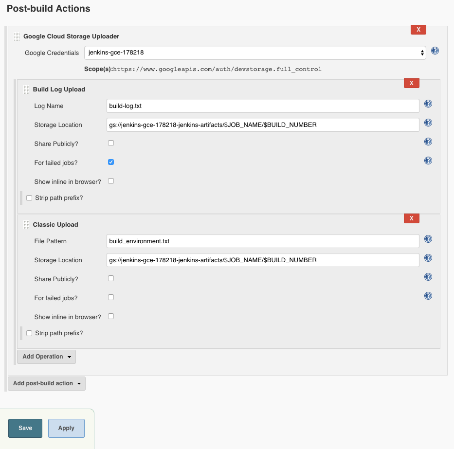 Post-build actions for Cloud Storage plugin.