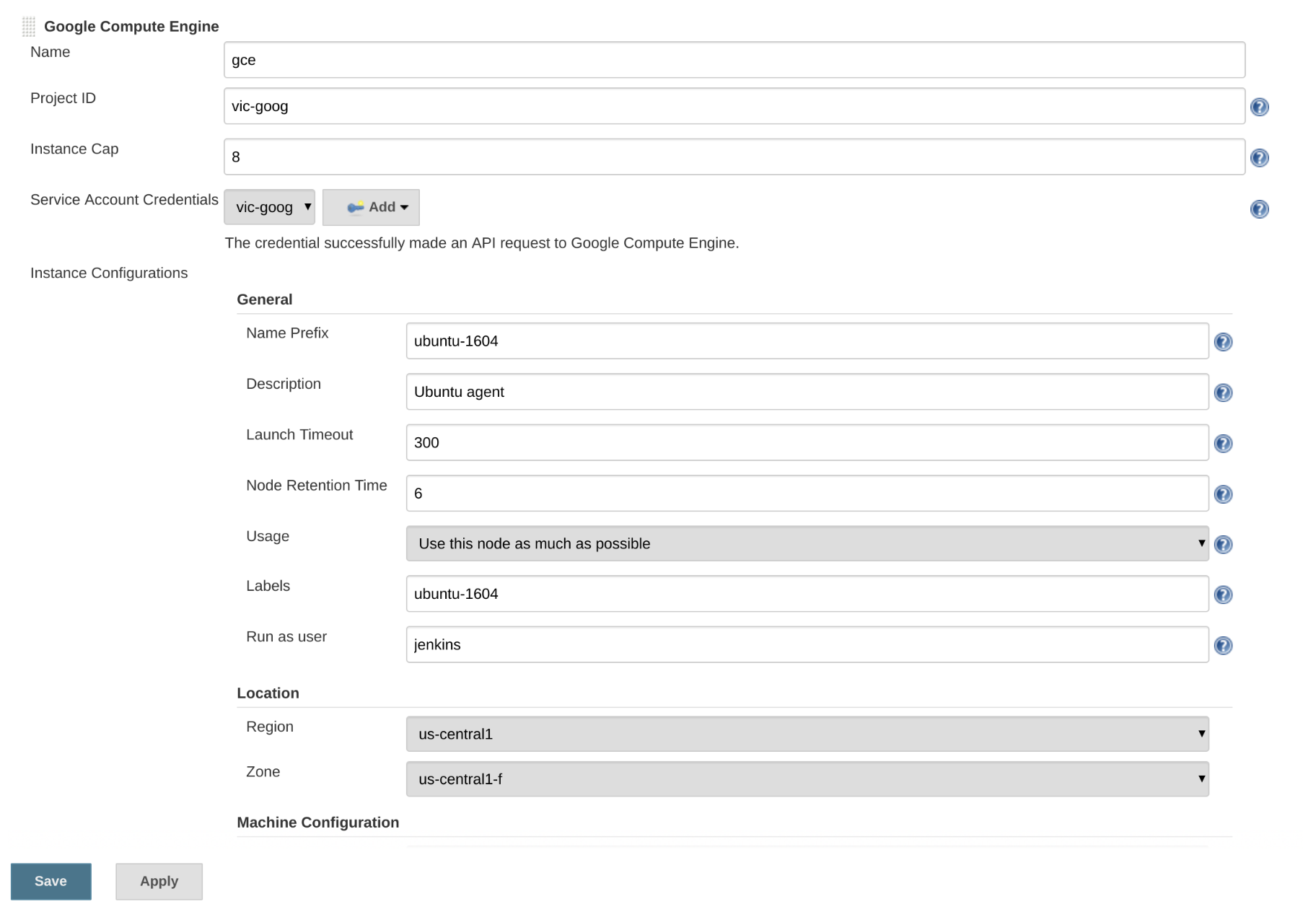 Compute Engine configurations for Jenkins.