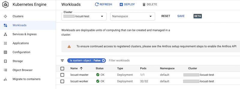 GKE console showing workloads.