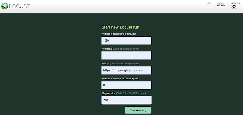 Interface do Locust para iniciar uma execução de teste do Locust