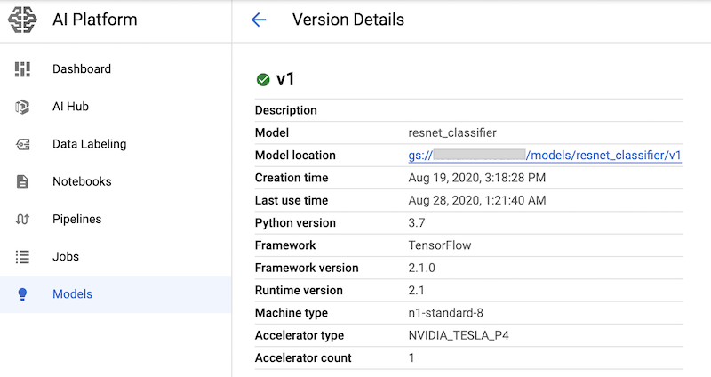 Verifying that the model was deployed through the Google Cloud console.