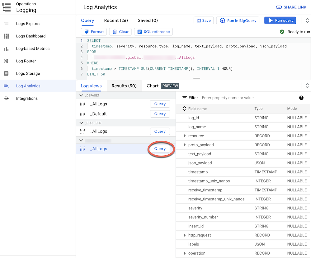 Log Analytics with the cloudaudit_googleapis_com_data_access table selected.
