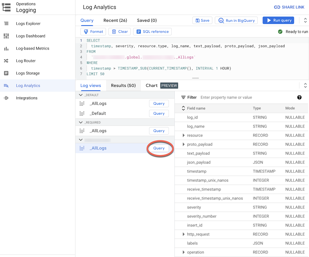 Log Analytics con la tabla cloudaudit_googleapis_com_data_access seleccionada.