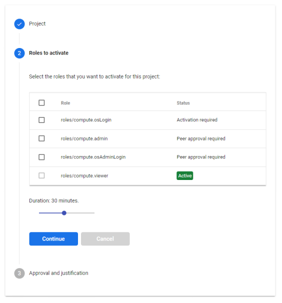 Screenshot dari aplikasi Just-In-Time Access yang menampilkan 2 peran yang memenuhi syarat dan 1 peran yang diaktifkan.